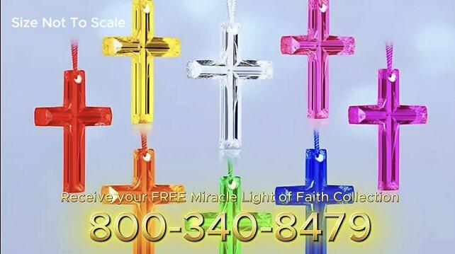 The Crystal Cross of Faith collection — hanging crystal crosses in red, gold, clear, pink, purple, orange, green and blue.